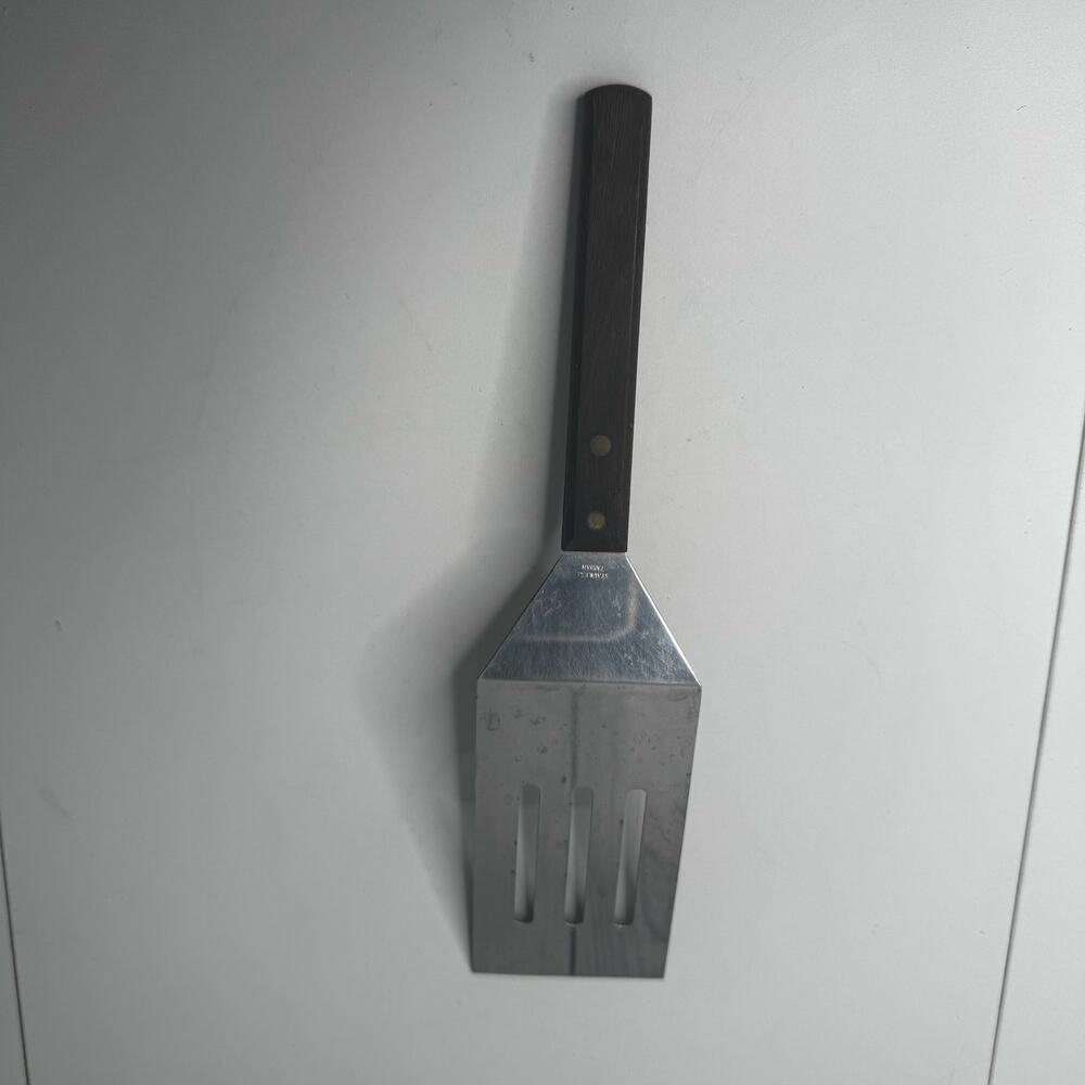Vintage Household Japan Stainless Slotted Short Spatula Turner Wood Handle